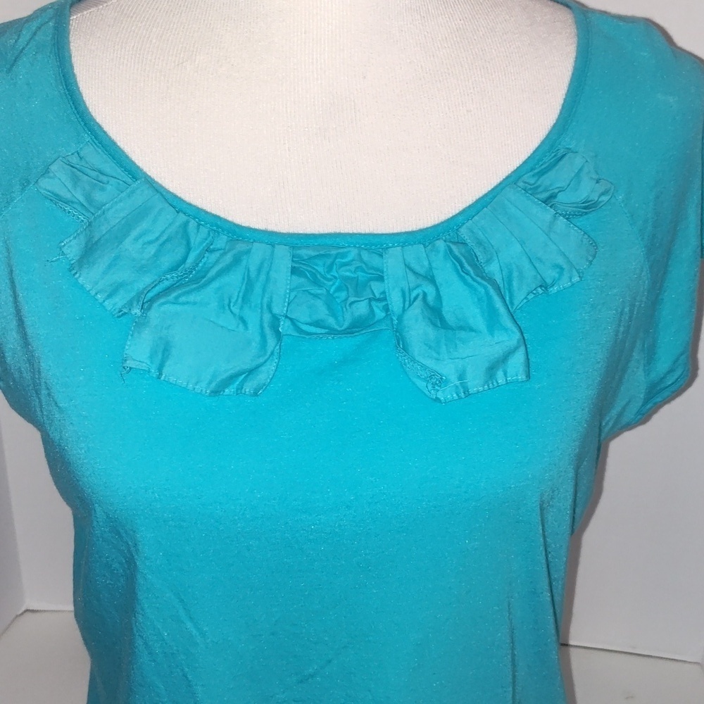 Talbots Blue Turquoise Large Shirt With Ruffle Neck - Picture 3 of 9